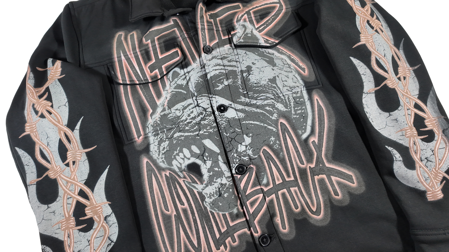 Black "Never Comeback" Fleece Button Jacket
