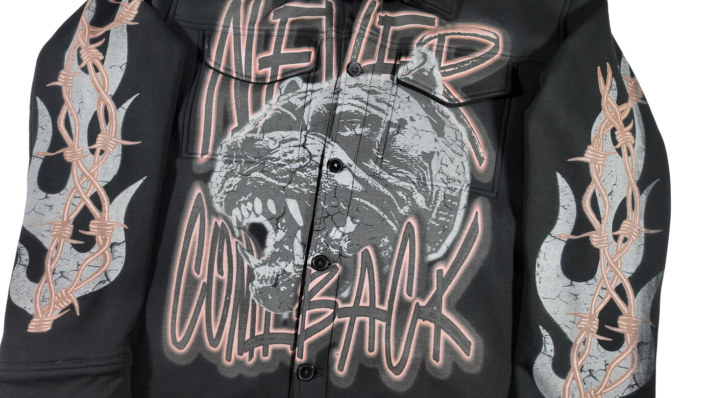 Black "Never Comeback" Fleece Button Jacket