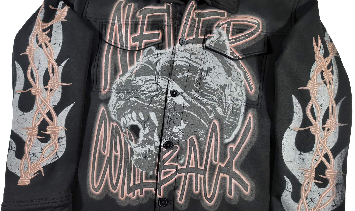 Black "Never Comeback" Fleece Button Jacket